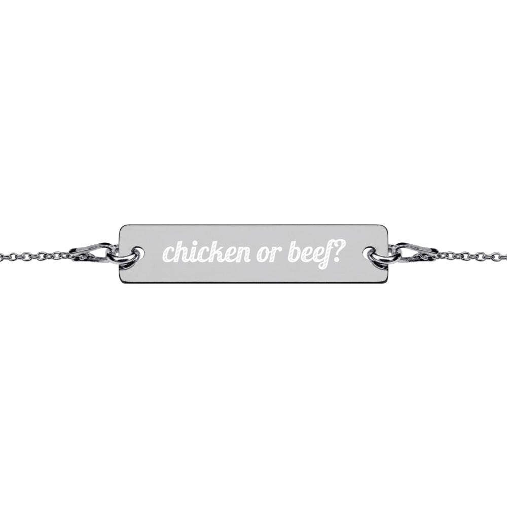 Engraved Silver Bar Chain Bracelet - Chicken Or Beef?