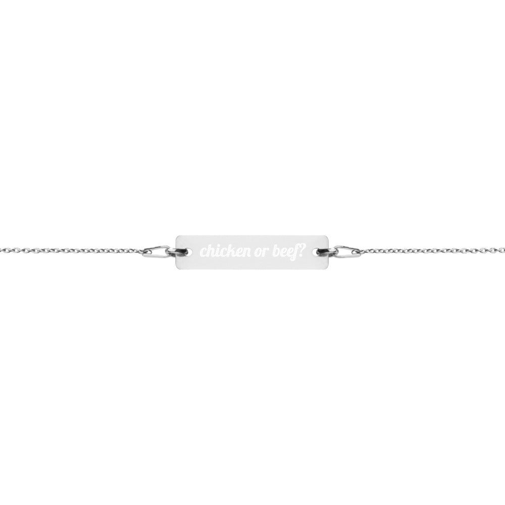 Engraved Silver Bar Chain Bracelet - Chicken Or Beef?