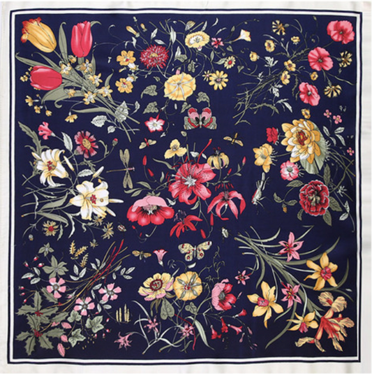 Morning Floral Square Scarf - Dark Blue